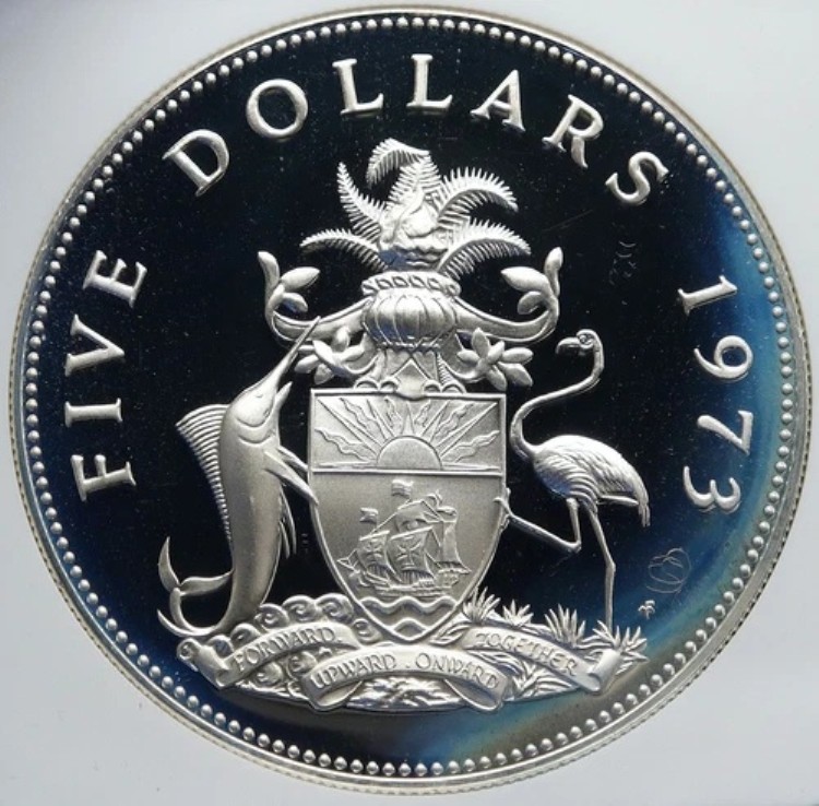 1973年 バハマ エリザベス2世 海賊撃退モットー プルーフ シルバー 5ドルコイン NGC i86976|WORLD RESOURCE【KING店】