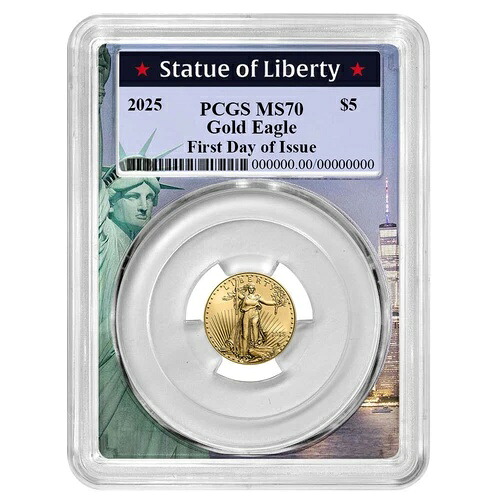 2025年 5ドル 1/10オンス アメリカンゴールドイーグル PCGS MS70 FDOI 自由の女神像フレーム
