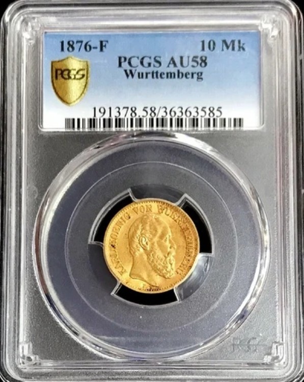 1876年 F ゴールド ヴュルテンベルク ドイツ諸州 10 マルク カール1世 コイン PCGS 約 UNC 58