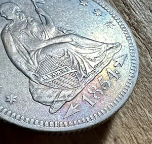 1854年 AU+ アンティーク 90% シルバー シーテッド リバティ クォーター 25セント アローズ レインボー トーン コイン*