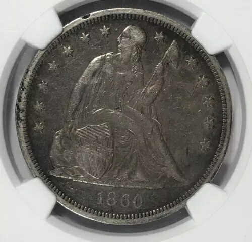 1860-O 着席ドル。1.00。NGC XF 詳細。フルリバティと盾。