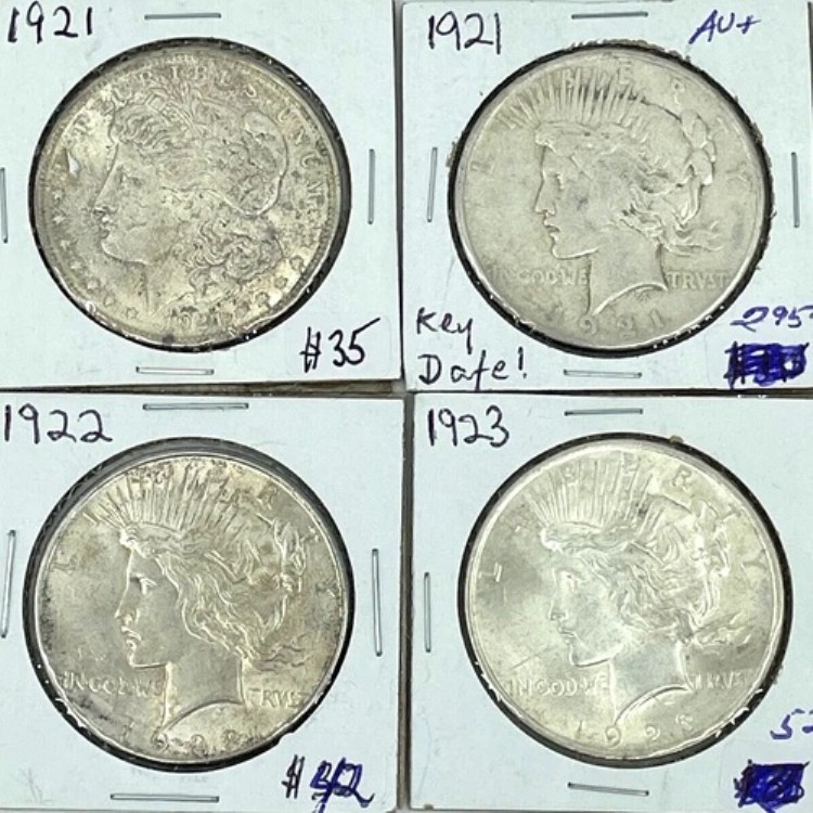 4- 米国銀貨 1921年モルガン、1921年ピース、1922年ピース、1923年ピース