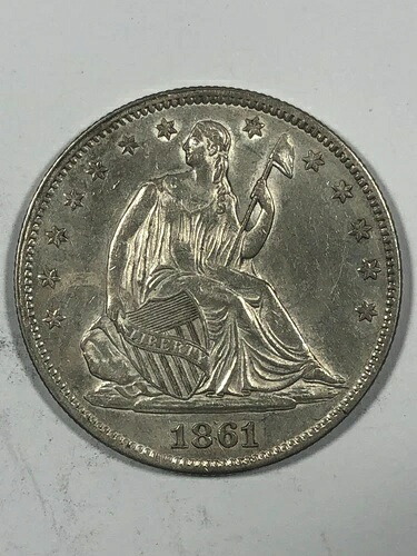 1861年製 着席型自由の女神像 ハーフドル .50。魅力的なAU。