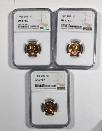 1965年、1966年、1967年リンカーン・セント3枚セット。NGC MS67 レッド。