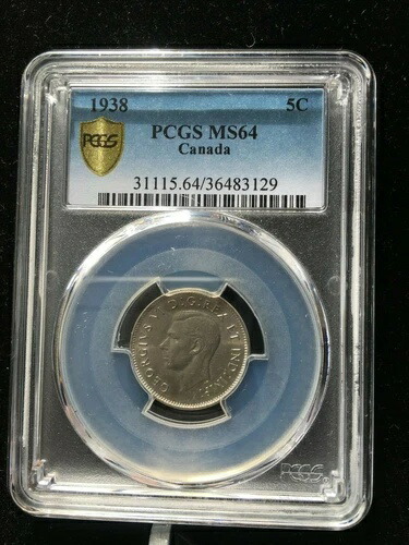 1938年 PCGS認定カナダ貨幣、5セント、**MS-64** 274,725円