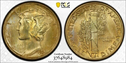1934年製 マーキュリーダイム PCGS MS67FB フルバンド 美しいゴールドトーン 希少な宝石 BU
