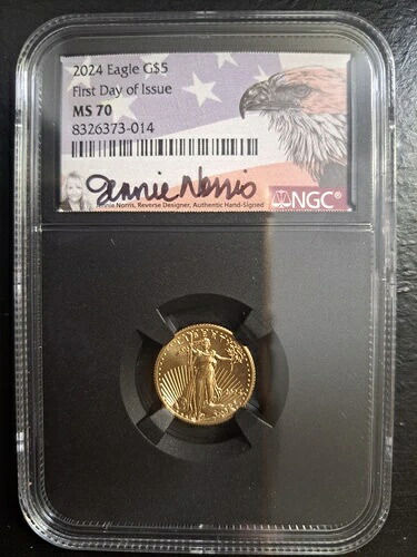 2024年 アメリカン・ゴールド・イーグル $5 NGC MS70 FDI ジェニー・ノリス直筆サイン入り旗ラベル