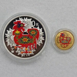 2017年 中国 10+50元 コイン 中国十二支 鶏 金銀貨 3g+30g
