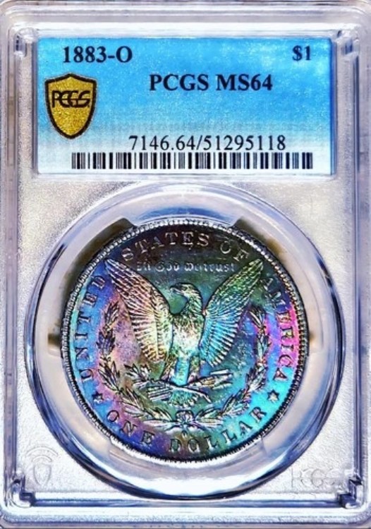 1883年製 1ドル ??レインボートーン モルガン・ダラー PCGS MS-64。驚異的な??トーン！