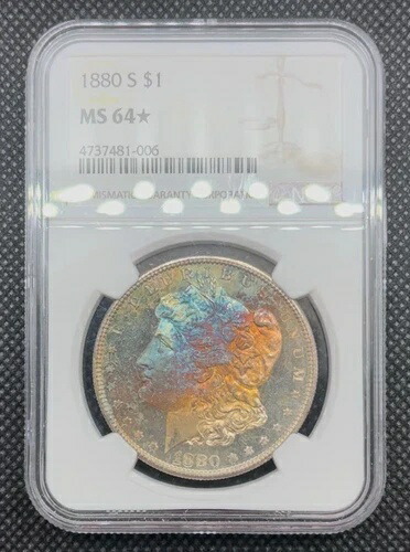 1880 S $1 モルガン銀貨 NGC MS64* レインボートーン / カラー OBV 外観 PL/DMPL