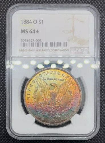 1884 O $1 モルガン銀貨 NGC MS64* スターレインボートーン / カラー
