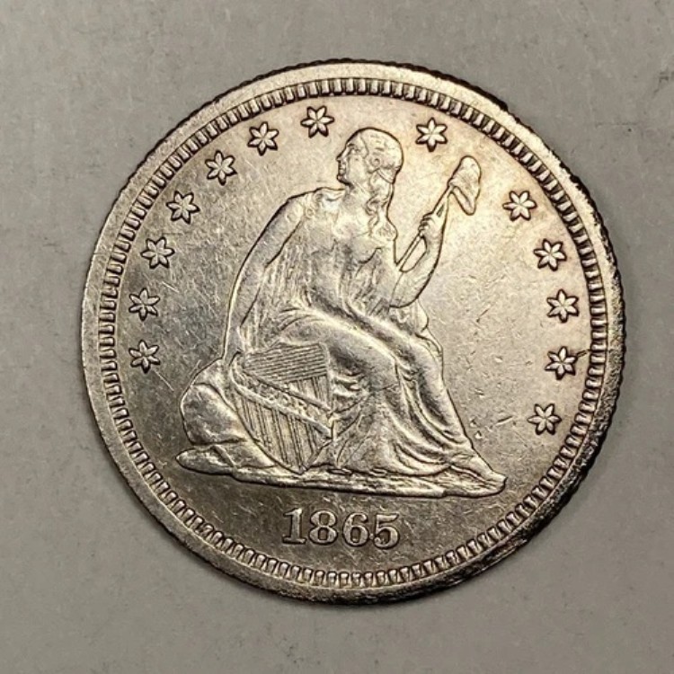 1865年製 自由の女神像 25セント硬貨。非常に鮮明なディテール。魅力的なエクストラファイン。