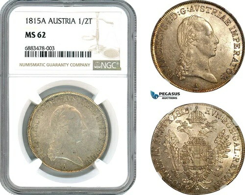 AJ569、オーストリア、フランツ II、1/2 ターラー 1815 A、ウィーン造幣局、シルバー、NGC MS62