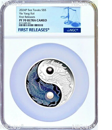 2024年 5オンス .9999 シルバー YIN YANG KOI プルーフカラー 5ドルコイン パール付き NGC PF70 FR