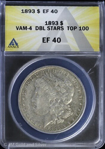 1893-P 1ドル モルガン銀貨 ANACS EF 40 | VAM-4 ダブルスター トップ100 XF