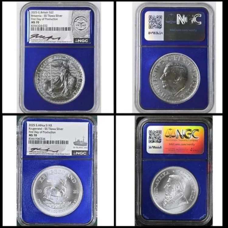 2枚セット 1オンス 銀貨 2025年 クルーガーランド＆ブリタニア SS ティラワ NGC MS70 船舶標識 285,615円