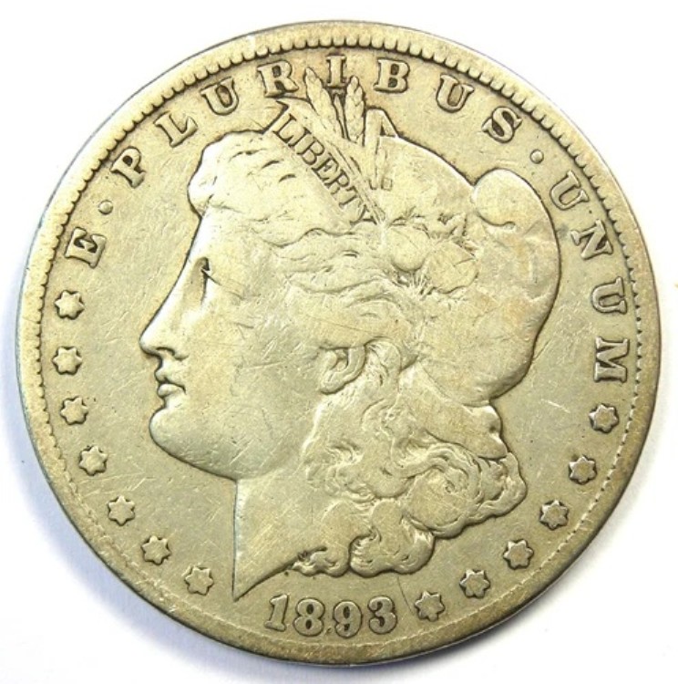 1893-CC モルガン銀貨 1ドル - 希少カーソンシティコイン - VF 詳細