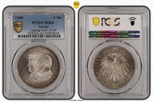 コインマーク シルバー ザクセン 5マーク 1909年 ユニライプツィヒ PCGS MS66 グレート nswleipzig