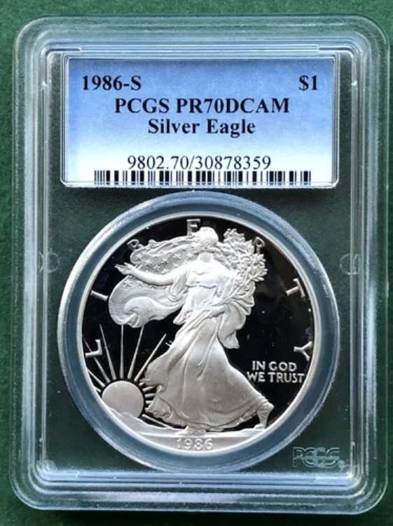 1オンス シルバー、1986-S、米国イーグル、オリジナル ブルー ラベル、PCGS PR-70、D/CAM、トップ ポップ。