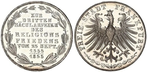 フランクフルト・ダブルフローリン - 2ギルデン銀貨 1855年 平和の129700｜WORLD RESOURCE【KING店】