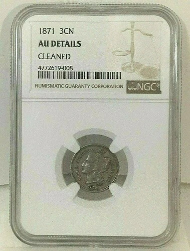 リバティヘッド 3セントニッケル 1871年 3CN - NGC - AU 詳細「クリーニング済み」