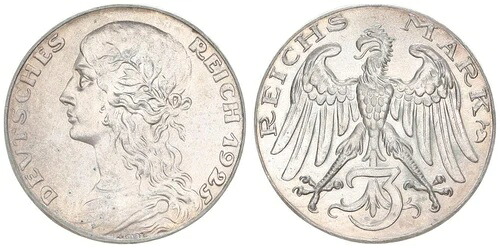 1925年ワイマール3マーク、Mzzなし。ゲッツ氏による銀製モチーフのサンプル。92947-