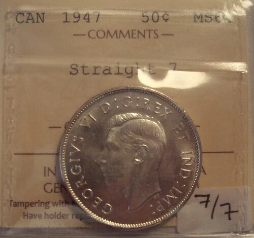 カナダ ジョージ6世 1947年 S7; ダブル7 シルバー 50セント - ICCS MS-64 (XCX 394) 406,395円