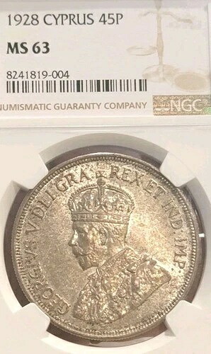 キプロス 1928年 45ピアストル、希少クラウン スーパーブ ジェム NGC63+PQ、フルラスター、擦れなし｜WORLD RESOURCE【KING店】