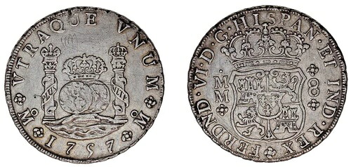 8 シルバー REALES / シルバー。フェルディナンド 6 世 - フェルナンド 6 世。メキシコ、1757 年。VF+ / VF。