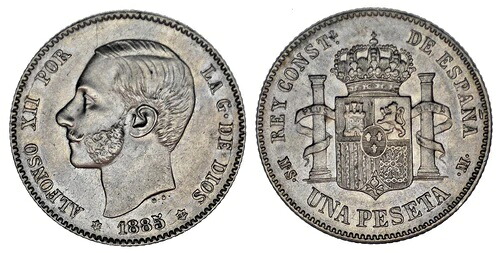 1ペセタ スペイン / 1ペセタ スペイン。アルフォンソ12世建国。1885年*18-86年。XF/XF。希少。