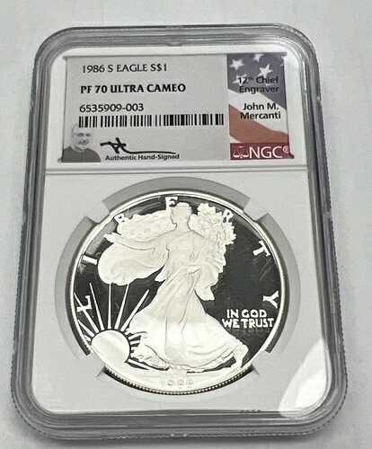 1986 S プルーフ シルバー イーグル NGC PF70 ウルトラ カメオ ジョン マーカンティ サイン入り フラッグ ラベル!|WORLD RESOURCE【KING店】