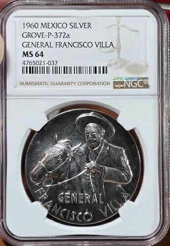 1960年メキシコ銀貨ジェネラル・フランシスコ・ヴィラGROVE-P-372a NGC MS64コインはPLです|WORLD RESOURCE【KING店】