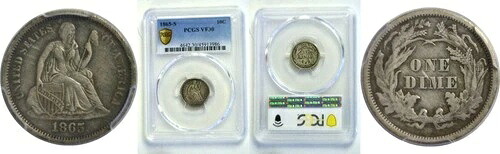 1865-S 10セント 着席型リバティダイム PCGS VF-30｜WORLD RESOURCE【KING店】