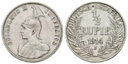 ドイツ - ドーア ドイツ東アフリカ 1/2ルピー 1914 J - イェーガー N 712 ほぼXF|WORLD RESOURCE【KING店】
