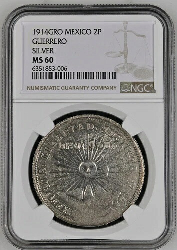1914年グロ・メキシコ2ペソ・ゲレロ銀貨 NGC MS60|WORLD RESOURCE【KING店】