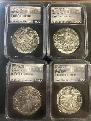 2017年 クック諸島 $2 2オンス シルバー ゴッズ・オブ・オリンポス ジェム アンティーク NGC 4個セット 希少｜WORLD RESOURCE【KING店】