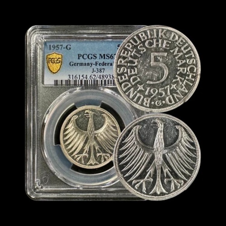 ドイツ。1957年、5マルク、銀、G - PCGS MS62 - 連邦イーグル、カールスルーエ、キー｜WORLD RESOURCE【KING店】