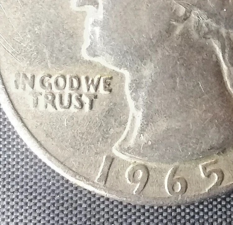 1965年ワシントンクォーター、ミントマークなし、文字縁のエラーおよびその他のエラーあり、米国コイン