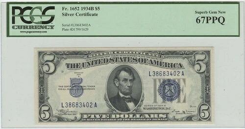 1934B 5ドル銀貨証明書 FR#1652 PCGS 67PPQ 極上宝石 新品