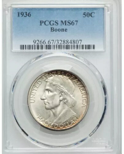 ブーン記念50セント 1936年 PCGS MS67 ブラストホワイト表面、縁に虹色の帯