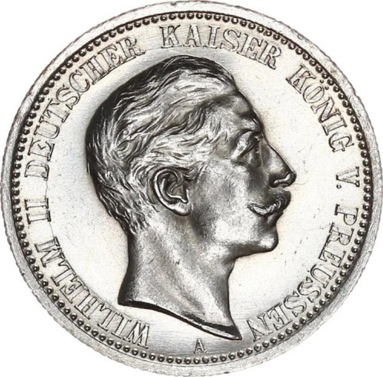 プロイセン ヴィルヘルム2世 2マーク 1912年 A銀貨 未使用 BU J 102-｜WORLD RESOURCE【KING店】