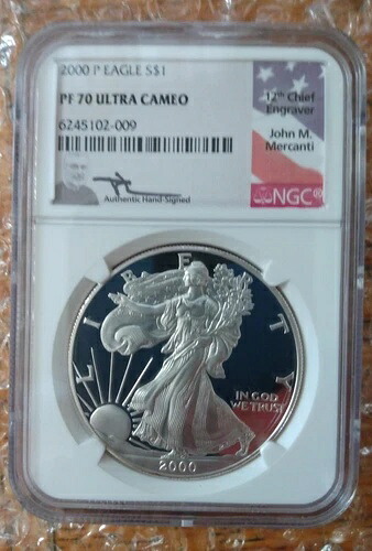 2000-P シルバーイーグル NGC PF 70 ウルトラカメオ ジョン・マーカンティ サイン入り