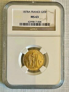 フランス 1878A 20フラン金貨 NGC MS63 SKU# 4345
