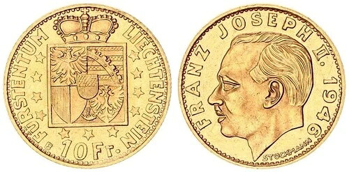 リヒテンシュタイン 10 スイスフラン 金貨 1946 B フランツ・ヨーゼフ II ほぼ Stgl. 129441