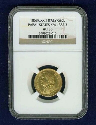 イタリア 教皇領 1868年 20リラ金貨 ほぼ未使用 NGC AU55認定