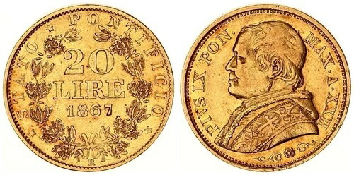 バチカン 20 リラ金貨 1867 ピウス 9 世 ほぼ vz 129446-