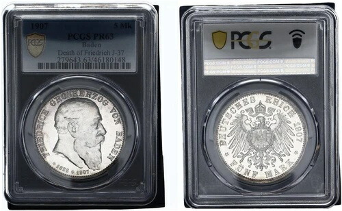 バーデン 5 マルク 1907 フリードリヒ没後 PCGS PR63 プルーフ 119866- 274,725円
