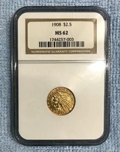 1908 年 $2.50 インディアン ヘッド ゴールド クォーター イーグル NGC MS62 宝石、美しい光沢!!|WORLD RESOURCE【KING店】