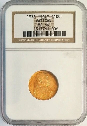 1936年金貨100リラ、バチカン、教皇ピウス11世、わずか8239枚のみ鋳造、NGC MS-64|WORLD RESOURCE【KING店】