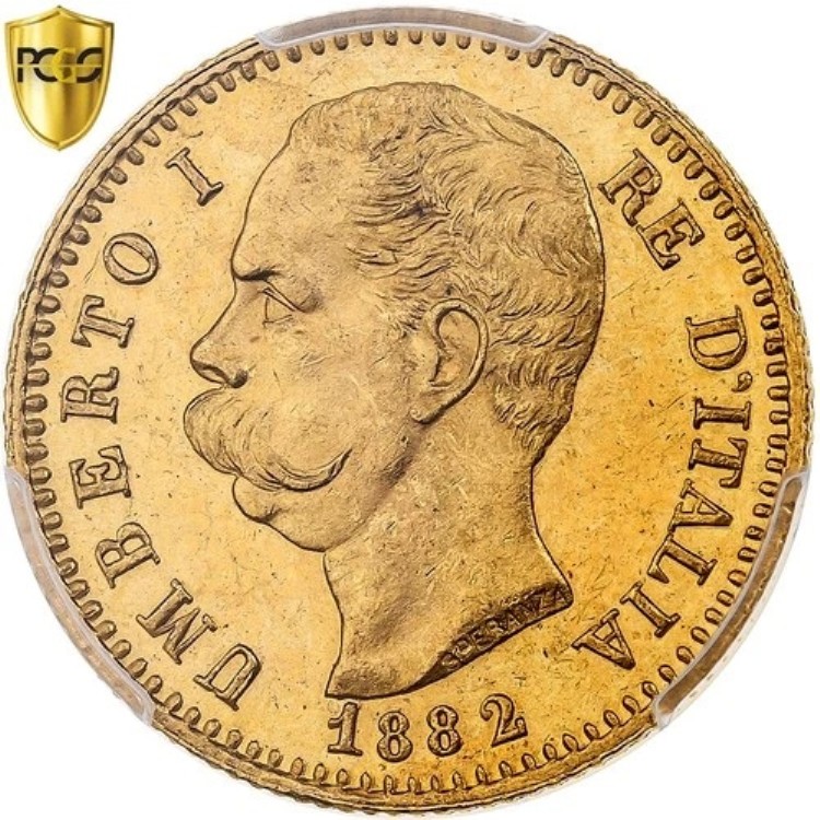 イタリア、ウンベルト1世、20リラ、1882年、ローマ、金、PCGS、MS63、KM:21-